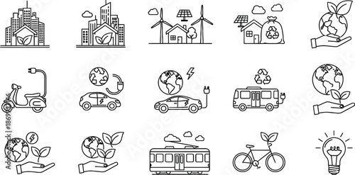 Collection of 15 simple line drawings of various everyday and industrial icons