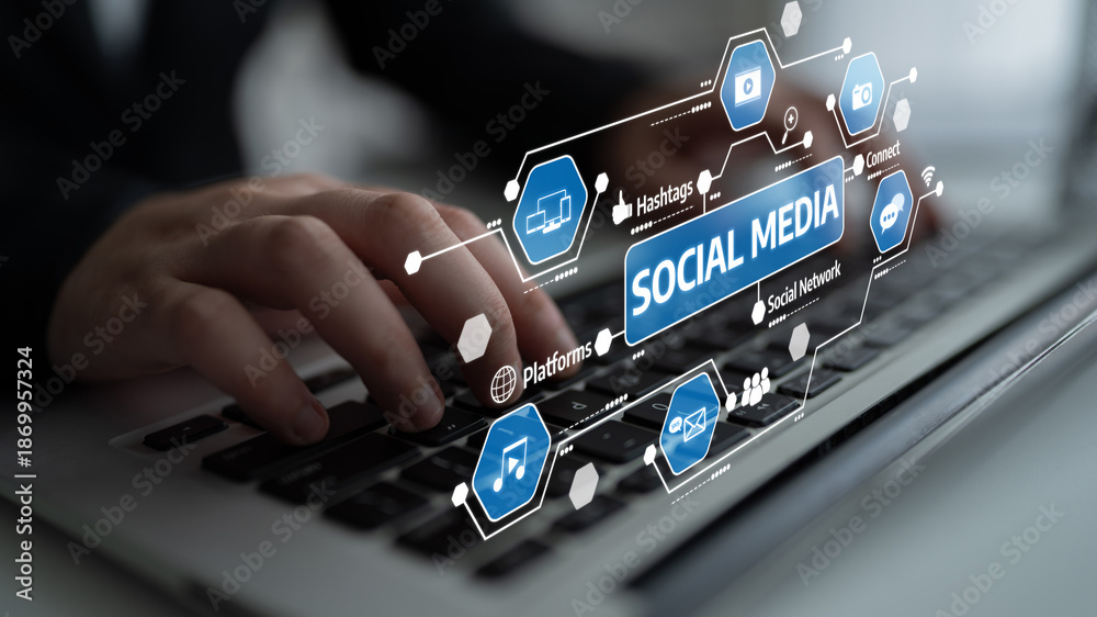 Obraz premium A close-up view of hands typing on a laptop keyboard, featuring social media icons and graphics that represent online communication and engagement in the digital age. Tessel