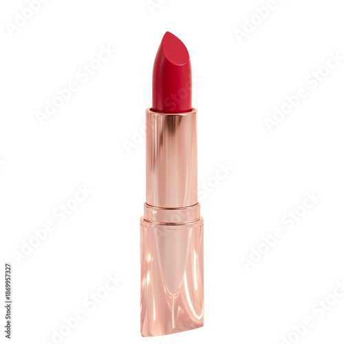 Bright Red Lipstick in a Silver and Pink Tube on a Plain Background for Makeu...