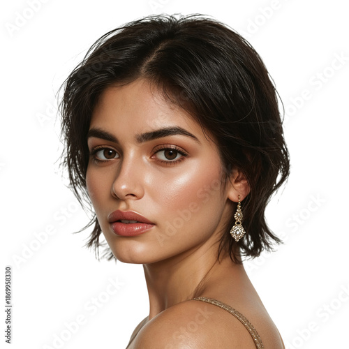 Model Poses for a Close-Up Photo Session With Hair Styled and Jewelry Worn in...