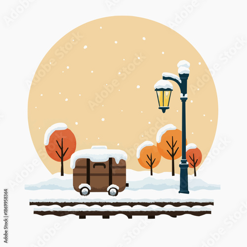 Winter journey with a snowy cart by the streetlight and trees  