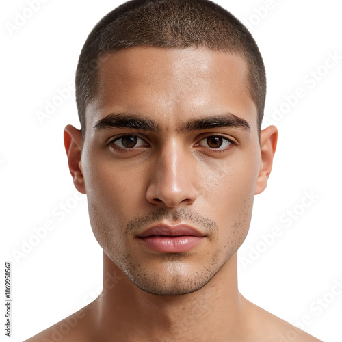 Young Man With Dark Hair in a Plain Shirt Faces the Camera With a Neutral Exp...