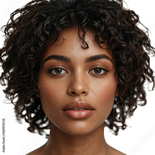Woman With Curly Hair Poses for a Portrait, Highlighting Her Features and Exp...
