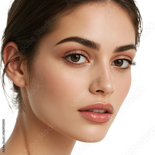 Young Woman With Long Hair Looking Down and Showing Calm Expression in Bright...