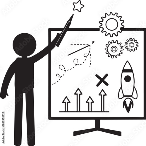 Businessman presenting innovative strategy on whiteboard with creative ideas