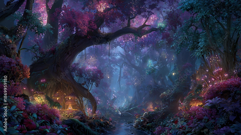 Obraz premium Fairytale Forest Landscape with a Stream and Glowing Magical Flora woods fantasy photo