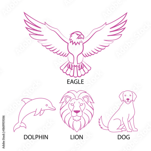 Minimalist Animal Line Art Vector Set - Eagle, Lion, Dolphin, and Dog