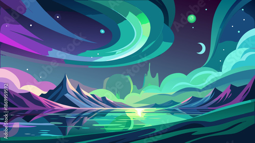 Ethereal artistic veil of soft aurora gradients in green to violet northern lights, dancing waves, m