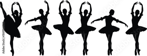 Graceful Ballet Dancer Silhouette Collection Featuring Ballerinas in Tutus Performing Elegant Dance Poses CAD Drawing Flat Vector Illustration for Stock Design