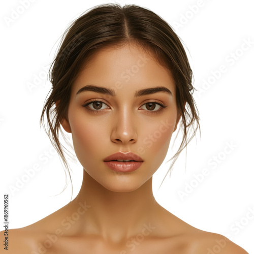 Model Poses With Natural Makeup and Simple Hairstyle in a Clear Background Se...