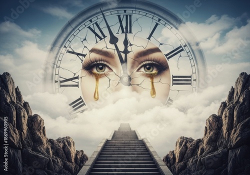 Crying eyes within a broken clock