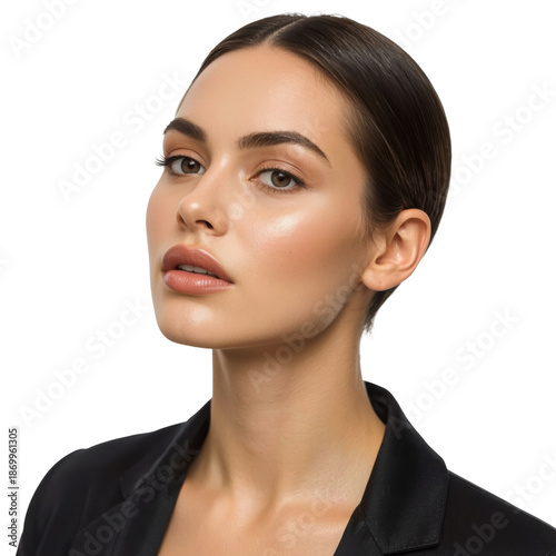 Model Poses in Front of Camera With Clean Makeup and Sleek Hairstyle in a Stu...