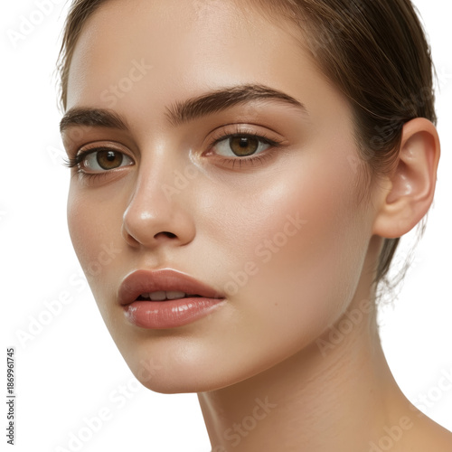 Young Woman Poses in Soft Light, Revealing Features and Natural Beauty