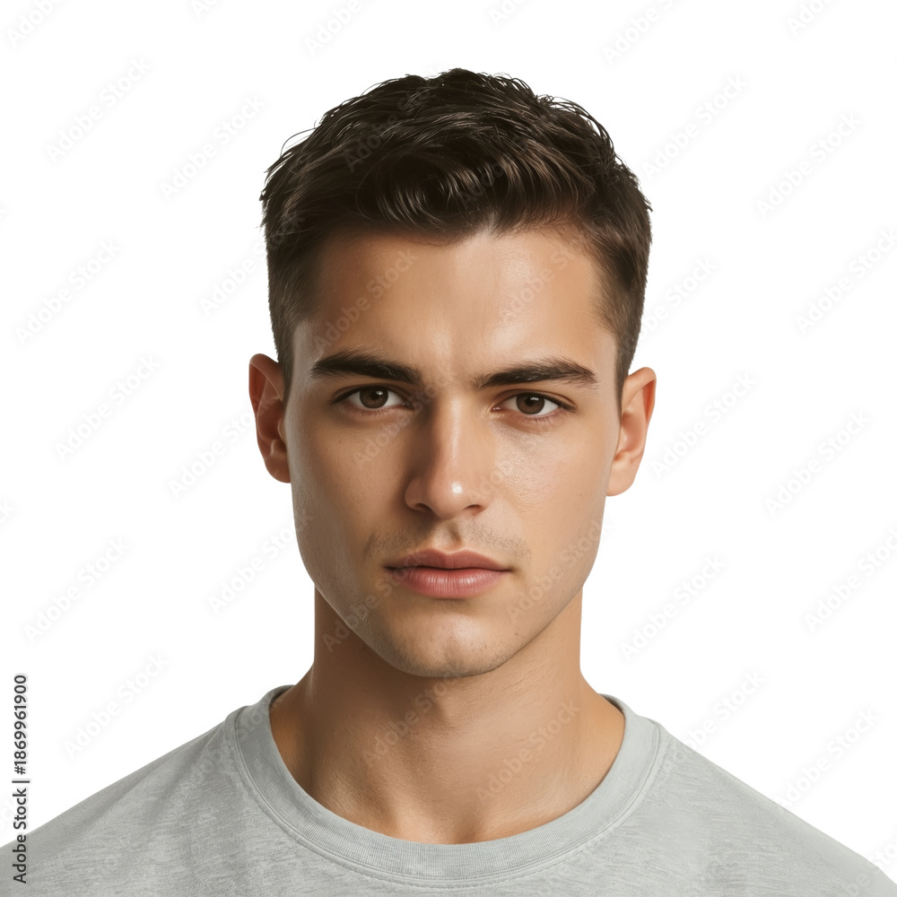 Obraz premium Young Man Poses for a Portrait in a Plain Shirt in Front of a Blank Background in a Studio Setting