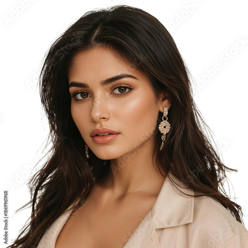 Model Poses With Natural Makeup and Simple Hairstyle in a Clear Background Se...