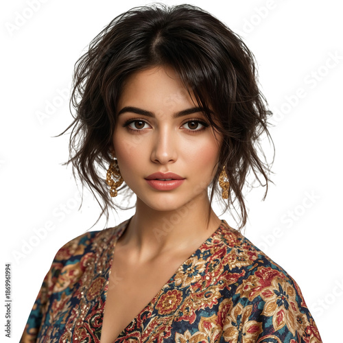 Portrait of a Woman With Short Hair and Earrings in a Clean Environment