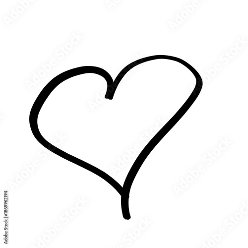 Hand drawn brush heart shape, black doodle heart isolated on transparent background