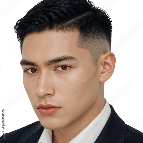 Young Man Gazes Directly at the Camera With a Neutral Expression and Neat Hai...