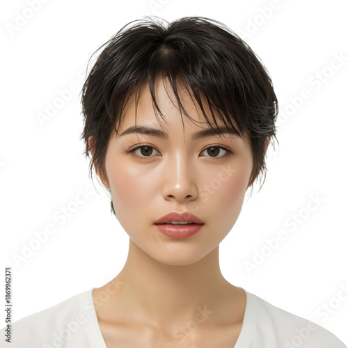 Portrait of a Woman With Dark Hair and Natural Look Under Bright Light in a C...