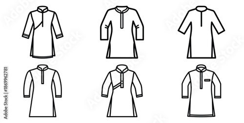 A collection of modern and minimal traditional indian kurta outline icon set. Holiday outline icons