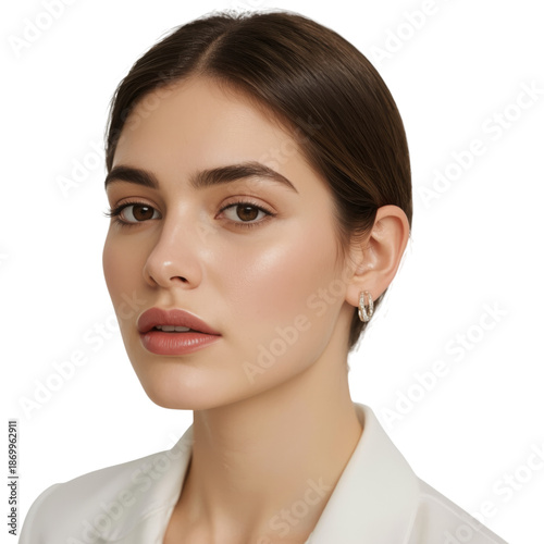 Woman Posing in Front of a White Background With a Neutral Expression and Sub...