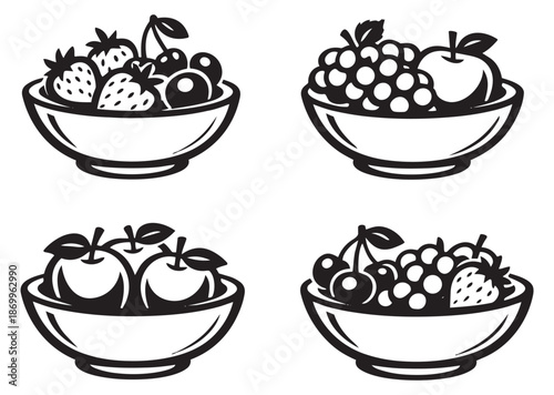 Hand drawn line art fruit bowls set featuring strawberries, cherries, grapes, and apples for healthy food concepts
