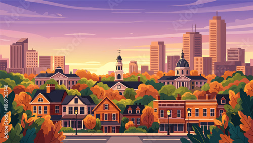 A vibrant autumn vector illustration showcasing a charming town nestled against a backdrop of modern city skyscrapers, warm sunset hues