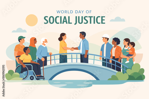 World day of social justice with people meeting on bridge. Symbol of equality, dialogue, and mutual understanding