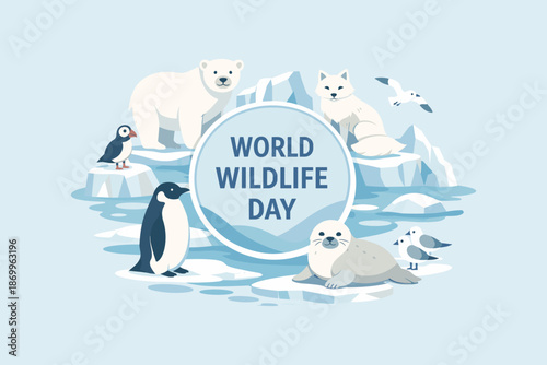 World wildlife day arctic illustration with polar animals and ice landscape. Concept of climate awareness and animal protection