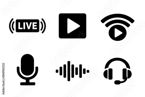 Media and streaming icon collection in black. Set includes live broadcast, play button, streaming signal, microphone, sound wave and headset icons