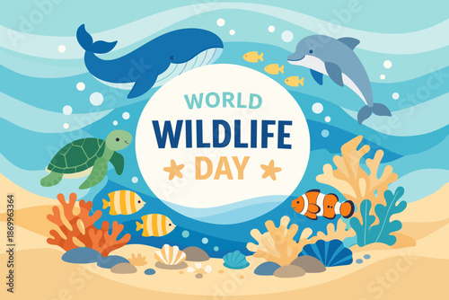 World wildlife day underwater illustration with marine animals and coral reef. Colorful ocean themed composition for environmental awareness