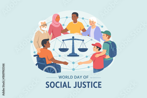 World day of social justice with diverse people around balance scale. Concept of equality, inclusion, and human rights