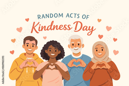 Random acts of kindness day with diverse people showing heart gestures. Theme of compassion, unity, and human connection
