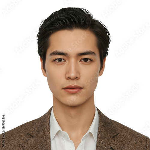 Young Man Poses in Formal Suit for a Headshot Against a Plain Background