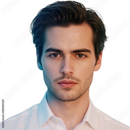 Young Man With Dark Hair Wearing a White Shirt Looking Directly at the Camera