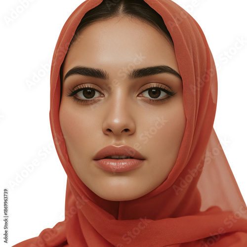 Woman in Red Hijab Poses for a Portrait With Focused Expression in a Neutral ...