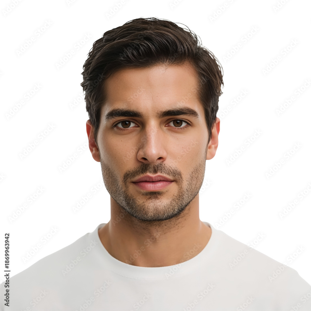 Obraz premium Young Man With Dark Hair and Serious Expression in Plain Shirt on White Background