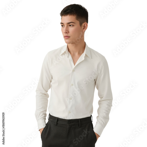 Man Stands in a White Shirt and Dark Pants Showing a Neutral Pose in a Simple...
