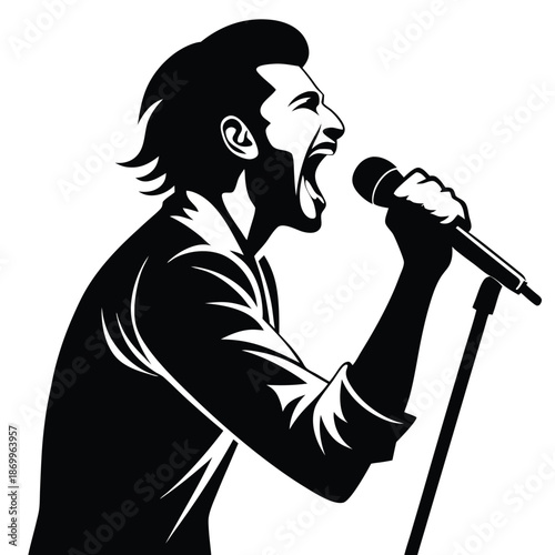 Dynamic Singer with Microphone Black and White Silhouette Icon for Music and Performance Vector Art