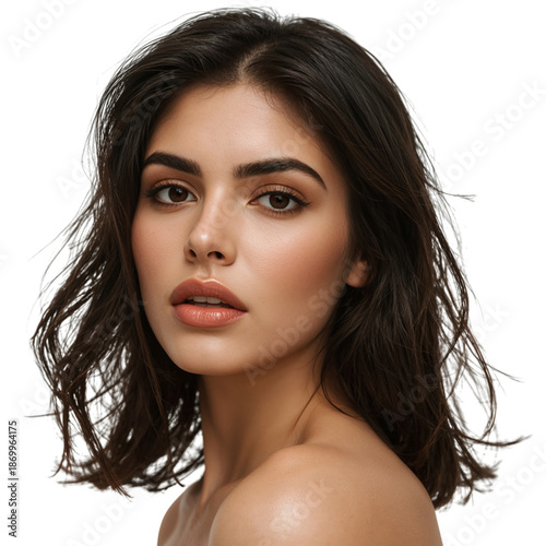 Model With Shoulder-Length Hair Poses for a Beauty Portrait in Simple Lightin...