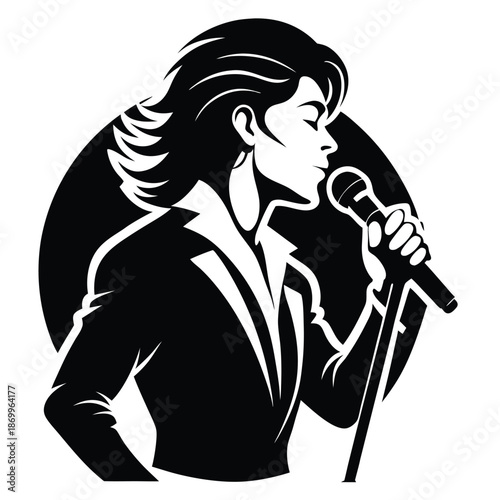 Dynamic Singer with Microphone Black and White Silhouette Icon for Music and Performance Vector Art