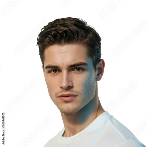 Young Man With Short Hair Looking Toward the Camera in a Simple White Shirt i...