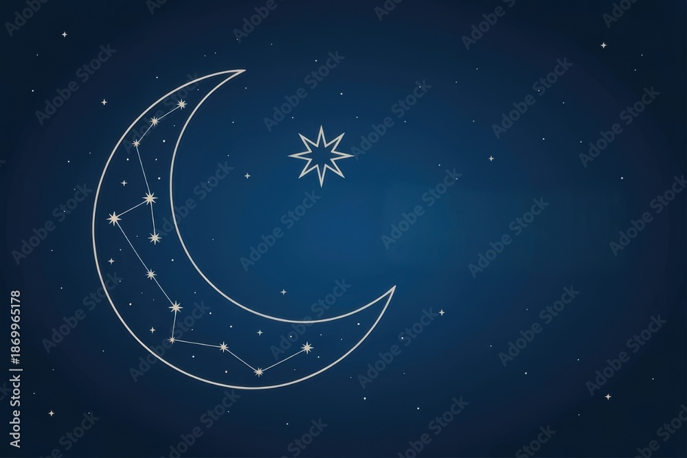 Naklejka premium Crescent Moon and Star Constellation Vector Illustration with Celestial Bodies and Night Sky