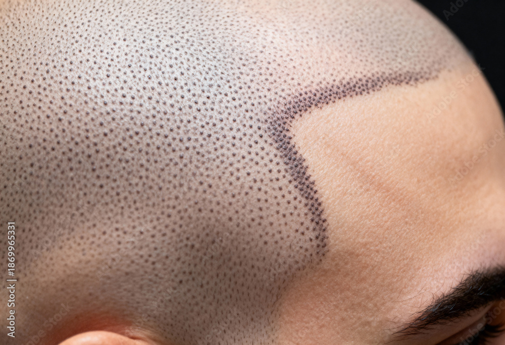 Fototapeta premium Hair simulation technique close-up on scalp for hairline restoration