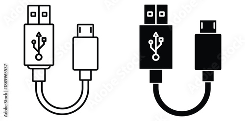USB Cable illustration: A sleek and modern illustration of two USB cable in black and white , showcasing technological connectivity and data transfer capabilities.
