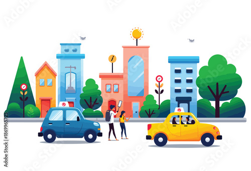 Cartoon City Scene with Buildings and Vehicles.