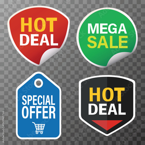 Dynamic Deals: Four vibrant sticker-like badges beckon with bold text, each promising exceptional offers and enticing customers with irresistible savings.
