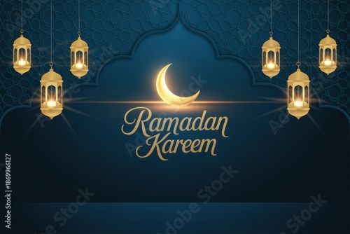 Ramadan Kareem Greeting Card with Golden Lanterns and Crescent Moon on Dark Blue Background