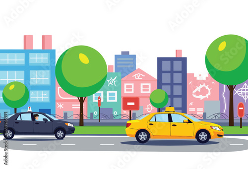 Yellow Taxi Cab Driving Down City Street.