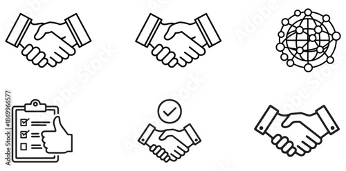 Handshake Icon Collection: A meticulously curated collection of sleek, minimalistic handshake icons, each embodying the essence of agreement and collaboration. Perfect for representing partnerships.